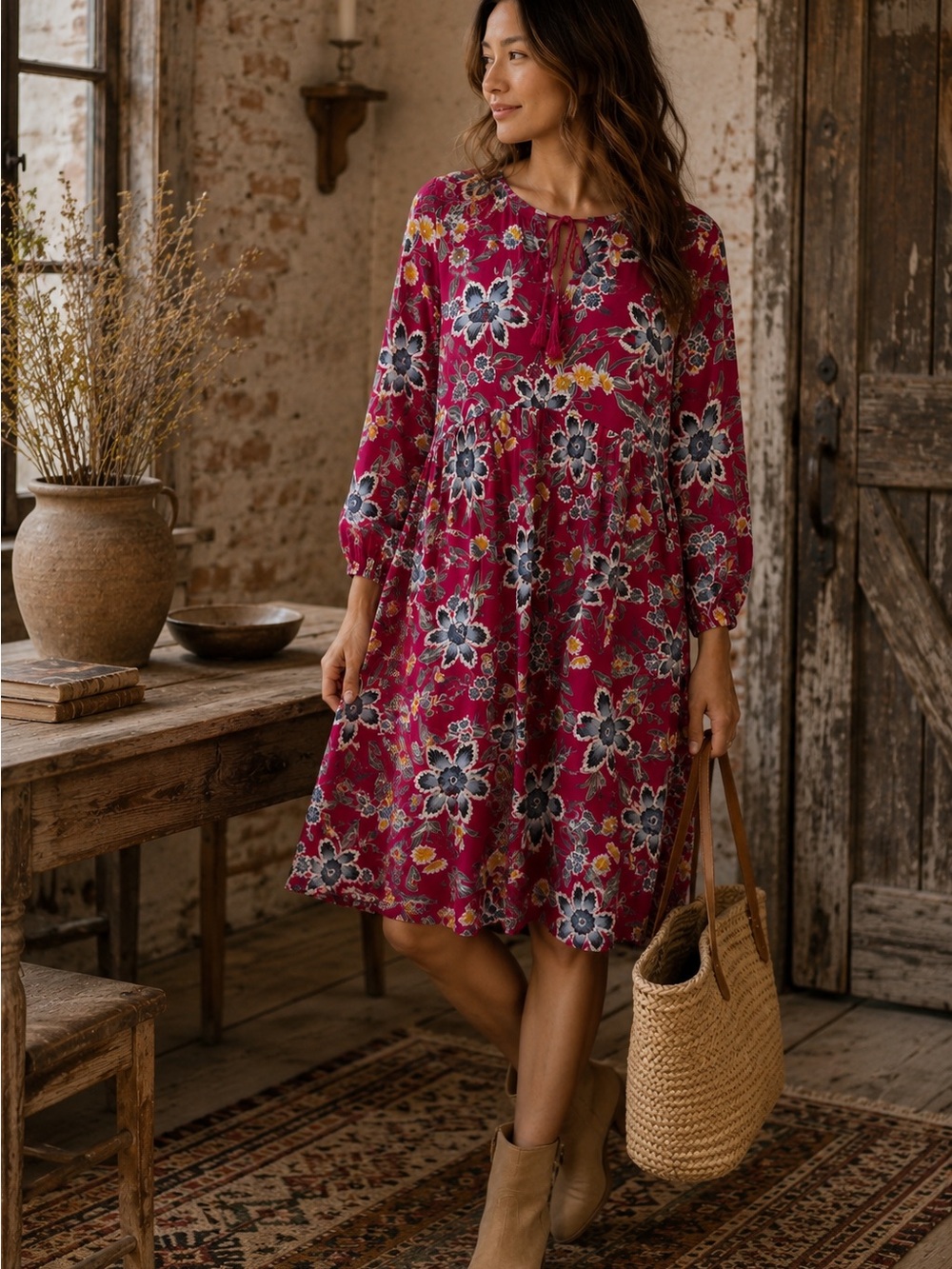 Old Navy Floral Babydoll Dress Medium Berry Pink Tassel Tie Long Sleeve Boho